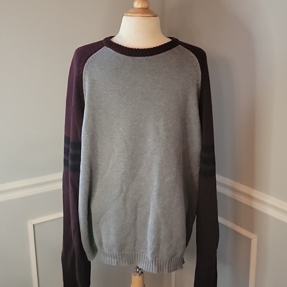 J.CREW Men's Gray Maroon 100% Cotton Color Block Crewneck Casual Preppy Sweater